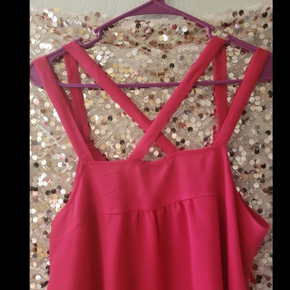 EXPRESS Pink/Red Criss Cross Staps Sheer Blouse - Picture 2 of 5